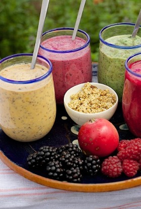 Fat Burning Weight Loss Breakfast Smoothie Recipes Tray Filled with Four Glasses of Smoothies